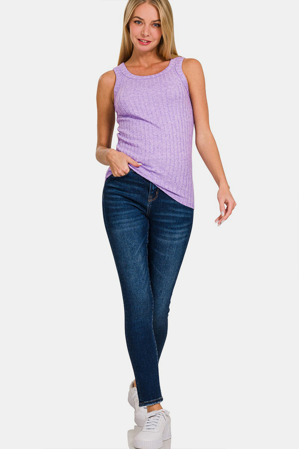 Zenana Ribbed Round Neck Tank Lavender