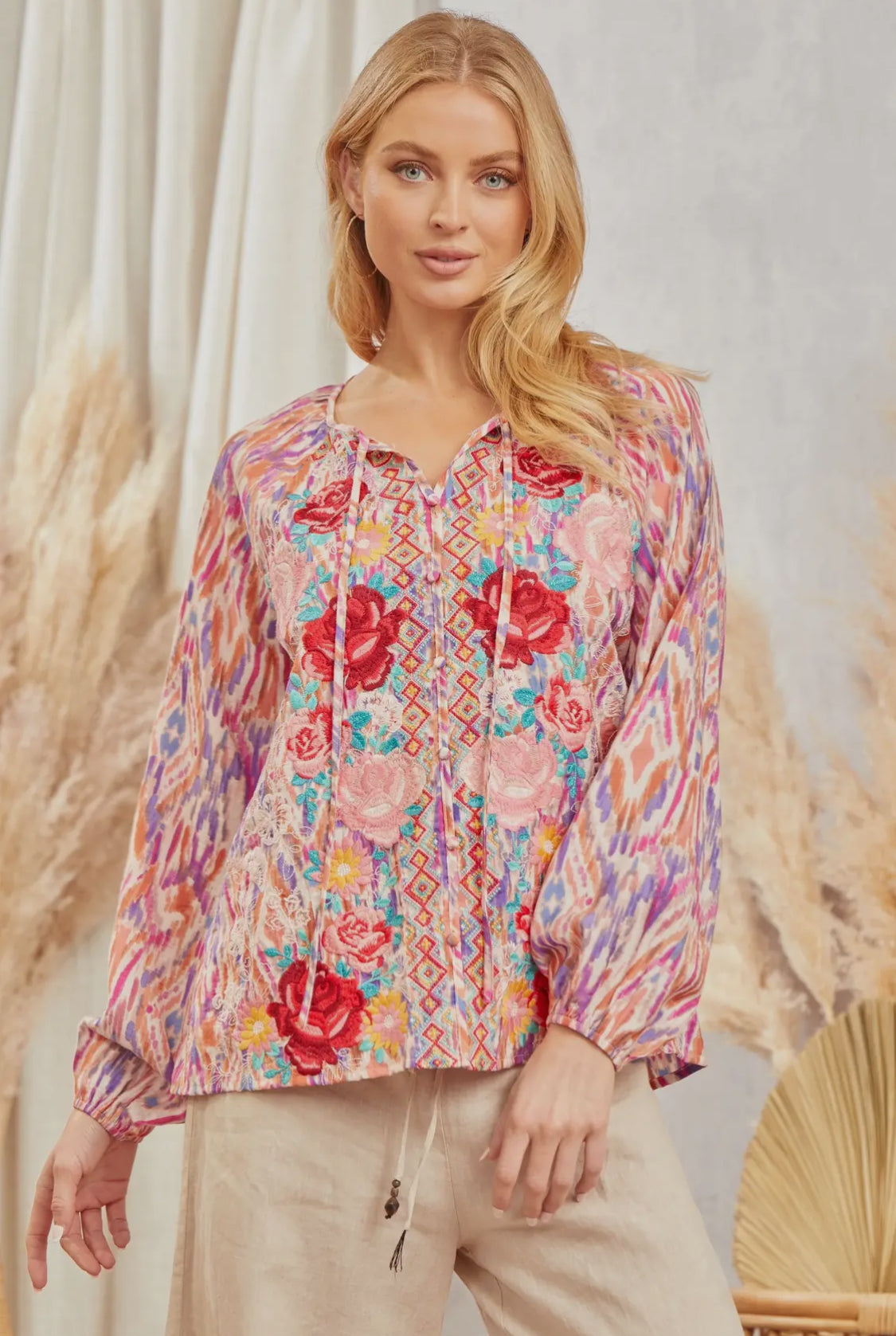 Savanna Jane Vibrant Long Sleeve Embroidered Blouse