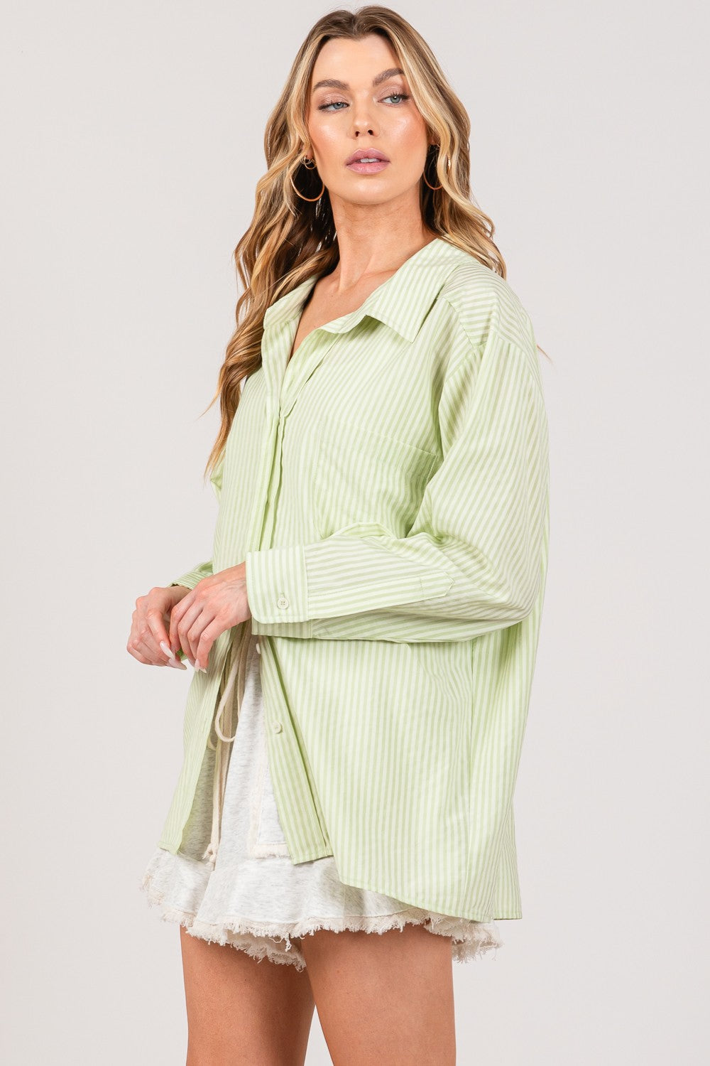 SAGE + FIG Striped Button Up Long Sleeve Shirt Green