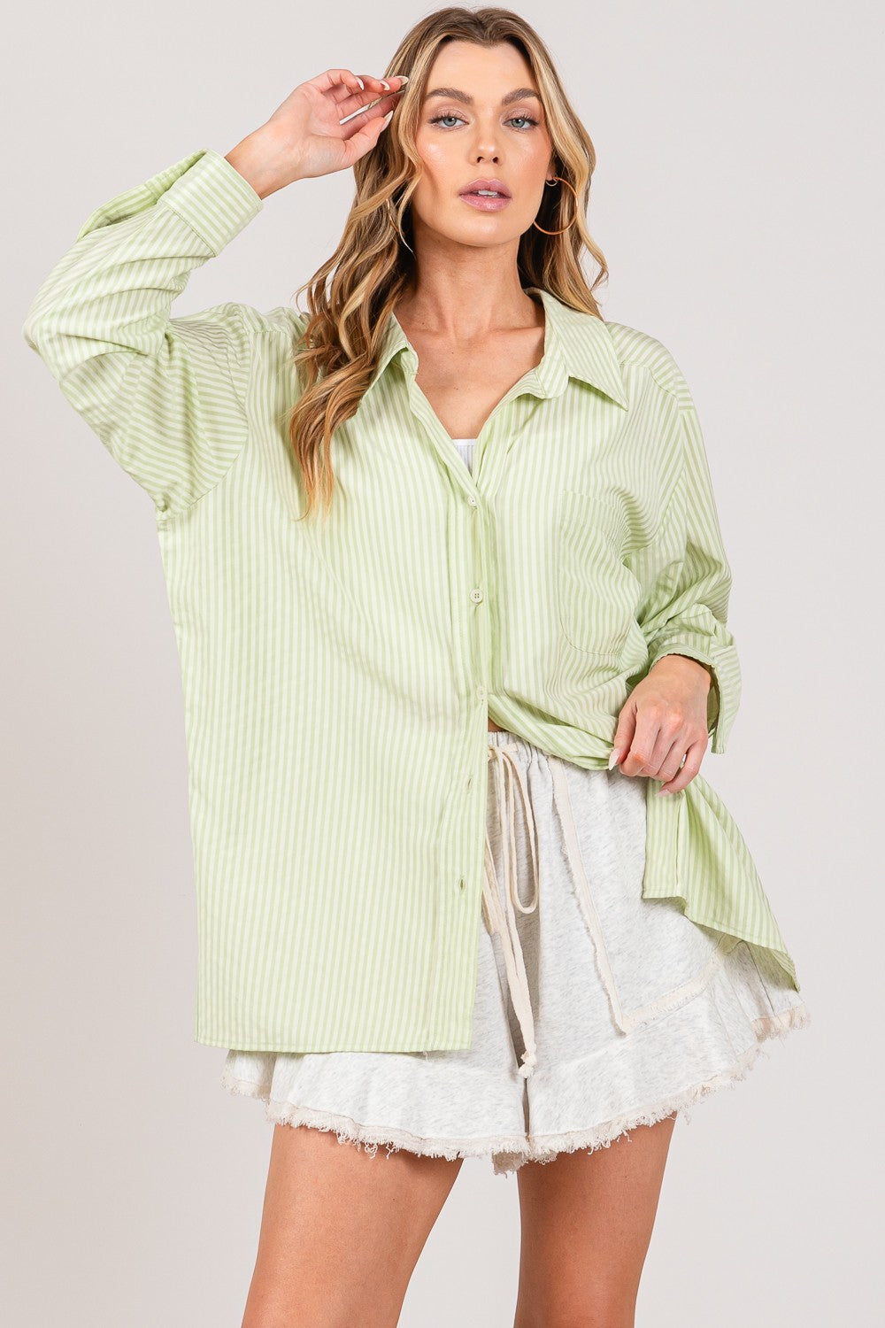 SAGE + FIG Striped Button Up Long Sleeve Shirt Green