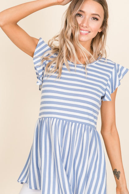 BOMBOM Striped Round Neck Blouse