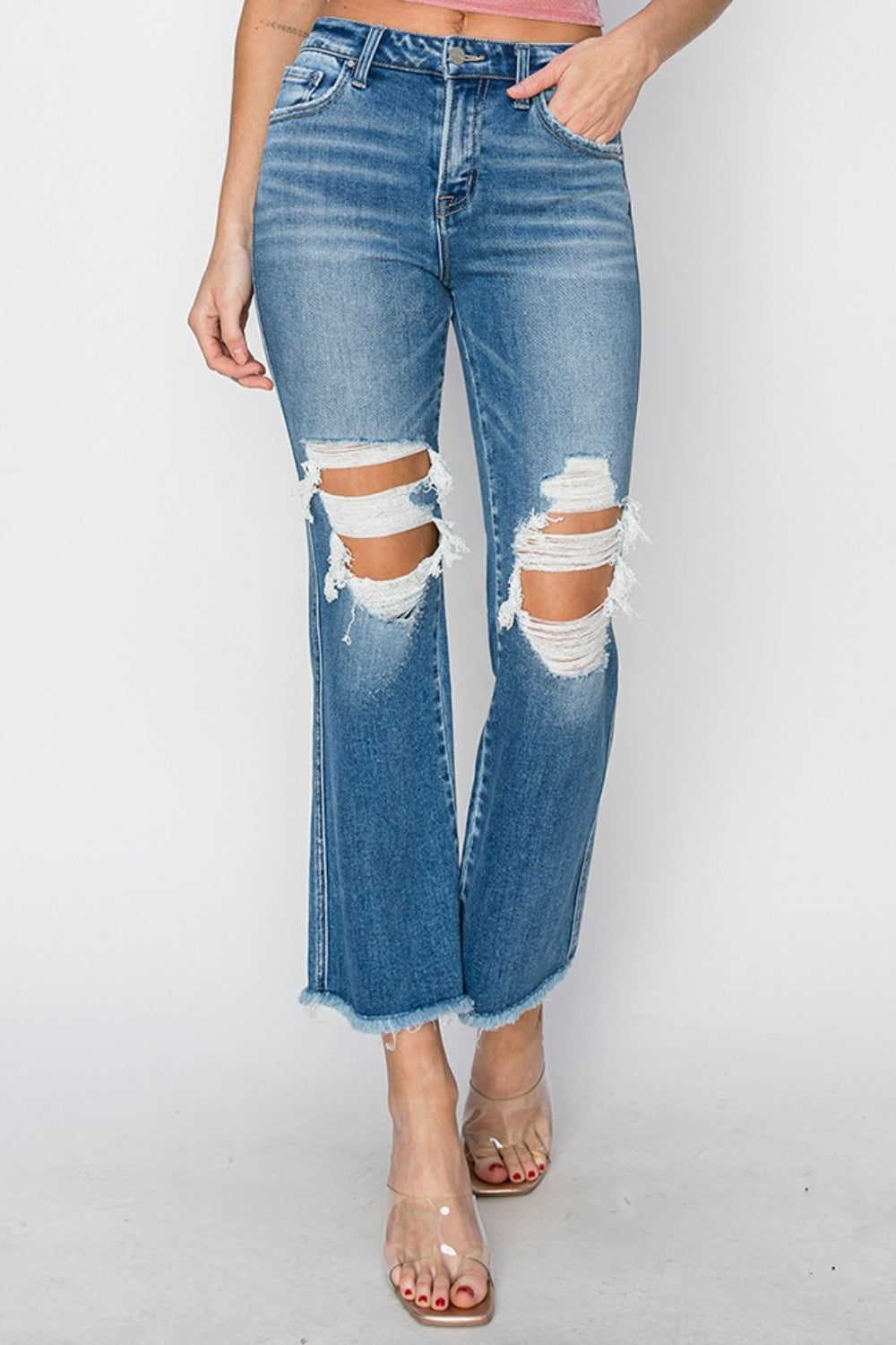 RISEN Mid Rise Distressed Cropped Flare Jeans