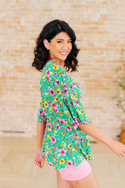 Dreamer Peplum Top in Emerald and Pink Floral