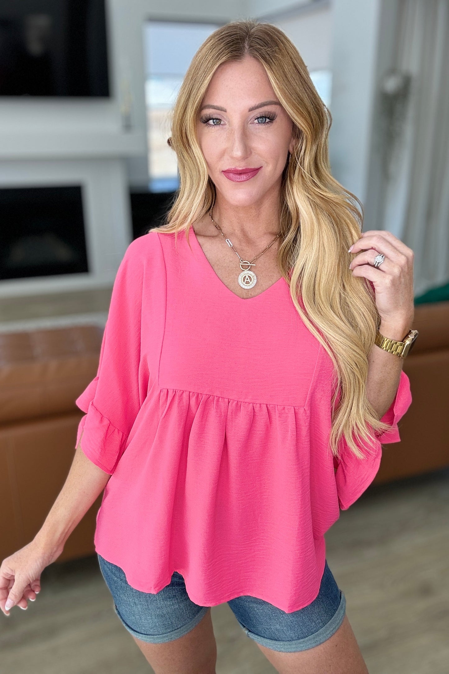 Airflow Peplum Ruffle Sleeve Top in Hot Pink