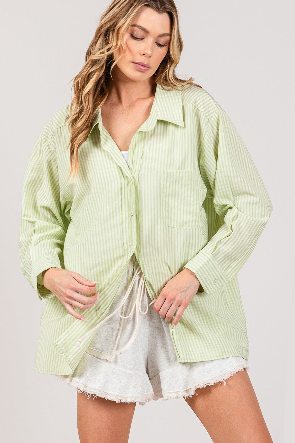 SAGE + FIG Striped Button Up Long Sleeve Shirt Green