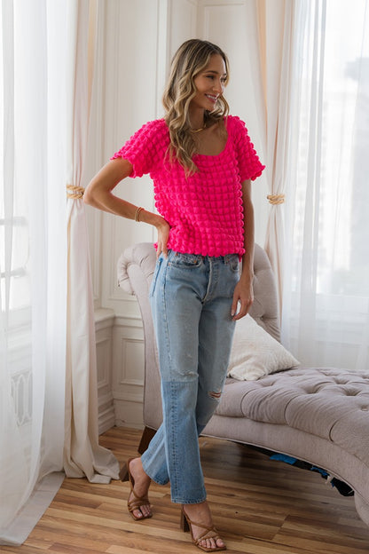 Hot Pink Bubble Textured Round Neck Short Sleeve T-Shirt