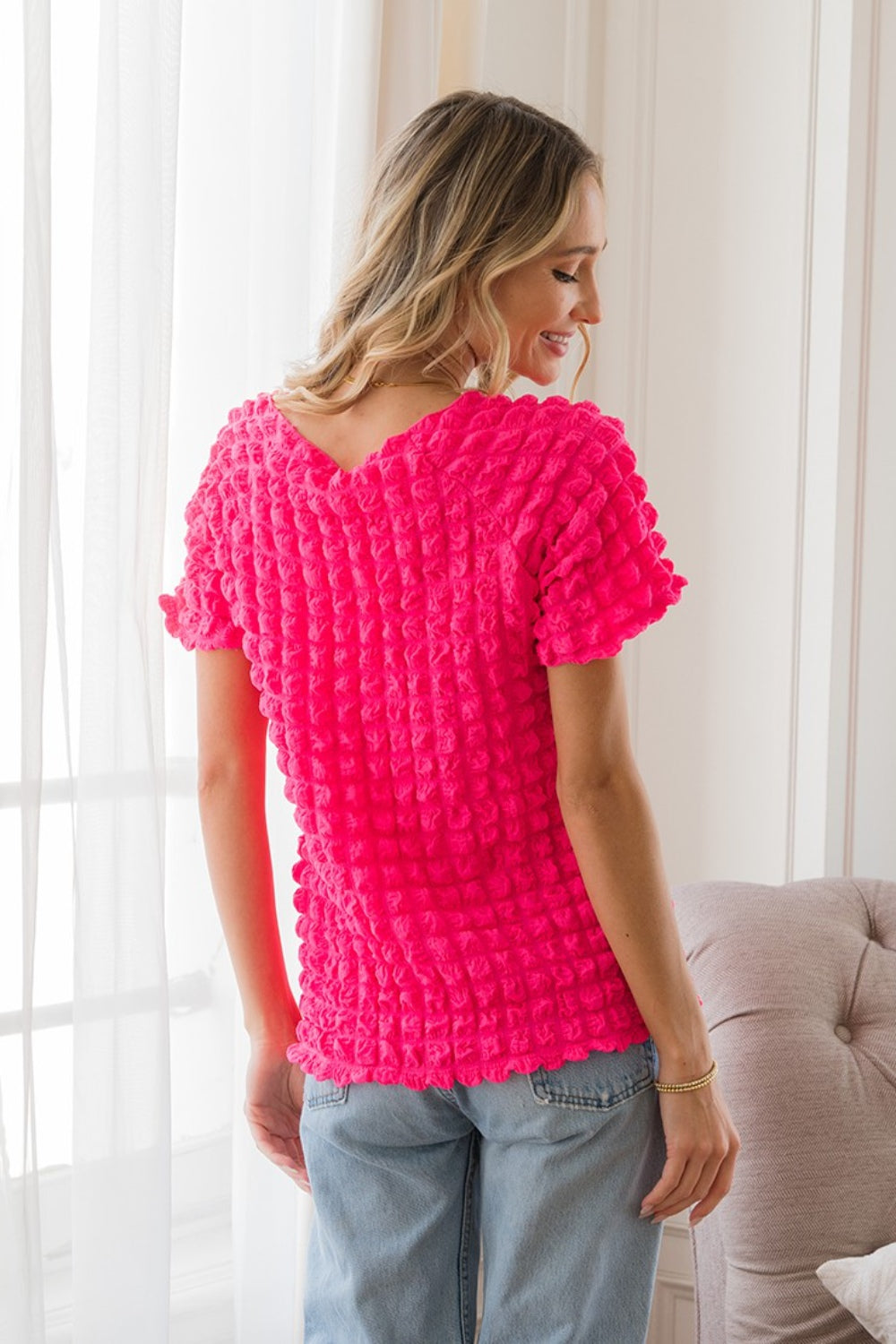 Hot Pink Bubble Textured Round Neck Short Sleeve T-Shirt