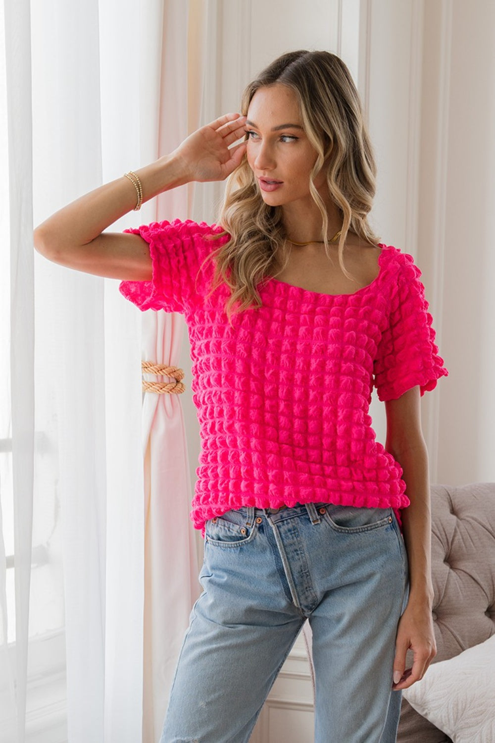 Hot Pink Bubble Textured Round Neck Short Sleeve T-Shirt