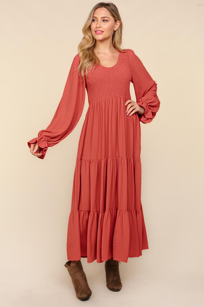 Smocking Maxi Woven Dress with Side Pockets in Marsala