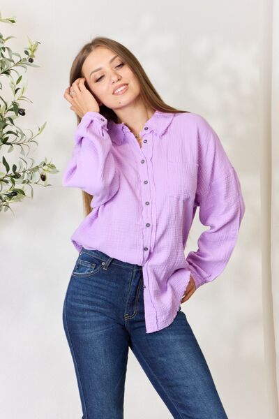 Zenana Texture Button Up Raw Hem Long Sleeve Shirt Lavender