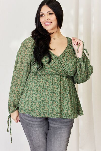 HEYSON Floral Surplice Peplum Blouse Green