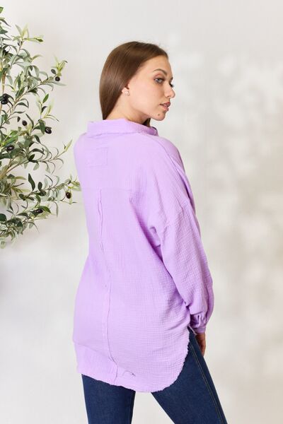 Zenana Texture Button Up Raw Hem Long Sleeve Shirt Lavender