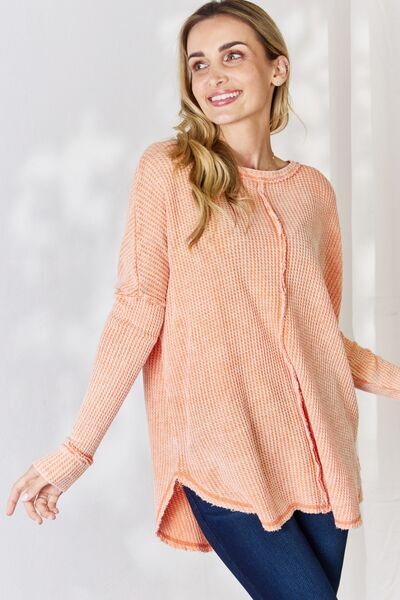 Zenana Oversized Washed Waffle Long Sleeve Light Orange