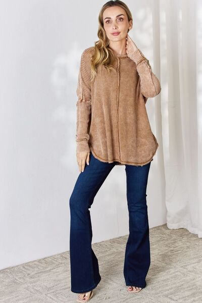 Zenana Oversized Washed Waffle Long Sleeve Top Camel