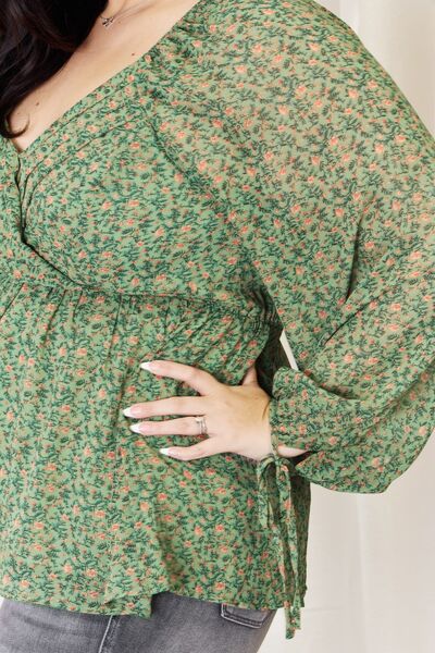 HEYSON Floral Surplice Peplum Blouse Green