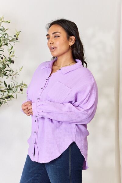 Zenana Texture Button Up Raw Hem Long Sleeve Shirt Lavender