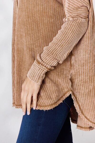 Zenana Oversized Washed Waffle Long Sleeve Top Camel