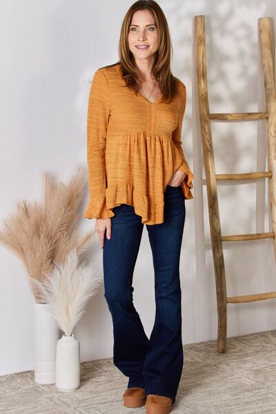 Hailey & Co V-Neck Flounce Sleeve Blouse Rust