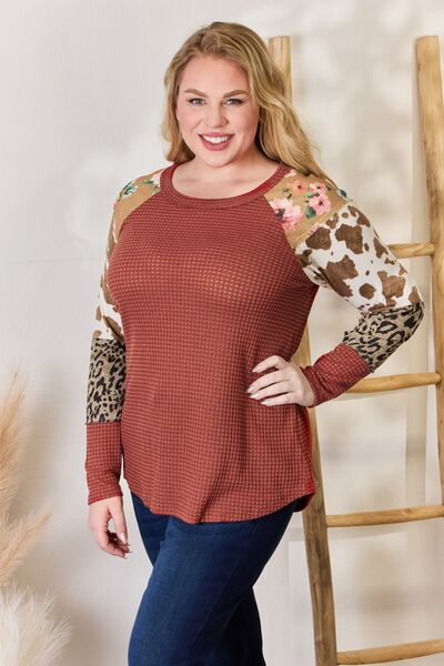 Hailey & Co Leopard Waffle-Knit Blouse Rust