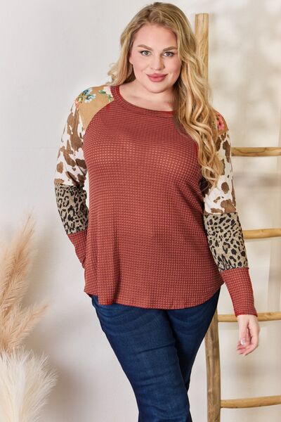 Hailey & Co Leopard Waffle-Knit Blouse Rust