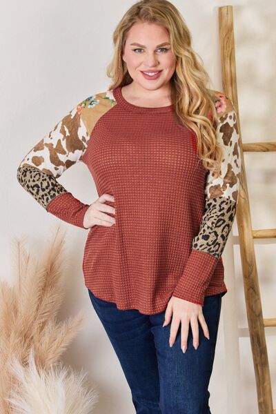 Hailey & Co Leopard Waffle-Knit Blouse Rust