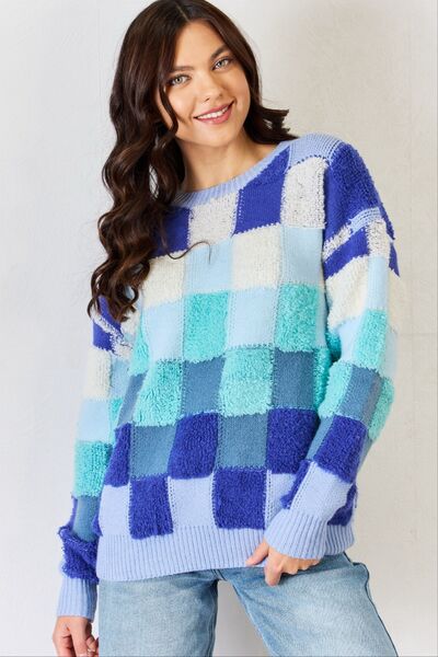 Blue Checkered Long Sleeve Sweater