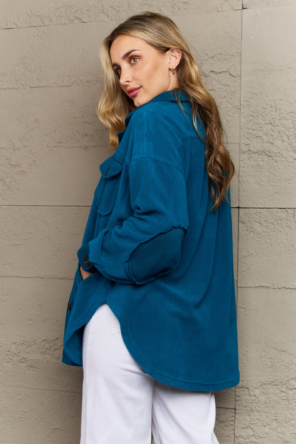 Zenana Cozy in the Cabin Fleece Elbow Patch Shacket in Teal