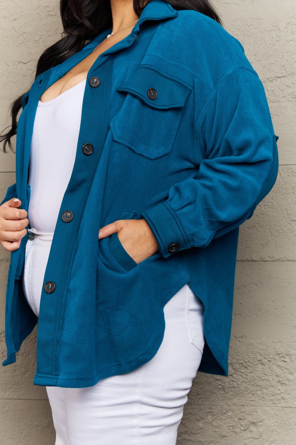 Zenana Cozy in the Cabin Fleece Elbow Patch Shacket in Teal