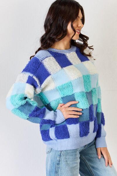 Blue Checkered Long Sleeve Sweater