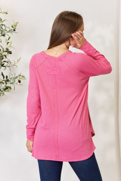 Zenana Round Neck Long Sleeve Slit Top Fuchsia