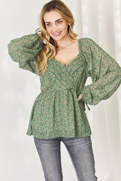 HEYSON Floral Surplice Peplum Blouse Green