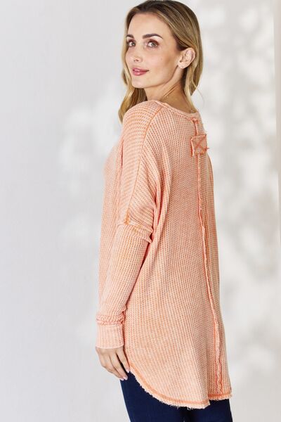 Zenana Oversized Washed Waffle Long Sleeve Light Orange