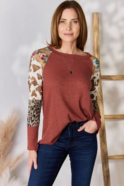 Hailey & Co Leopard Waffle-Knit Blouse Rust