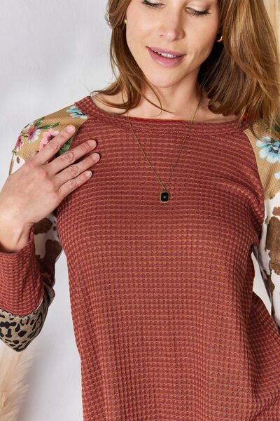 Hailey & Co Leopard Waffle-Knit Blouse Rust