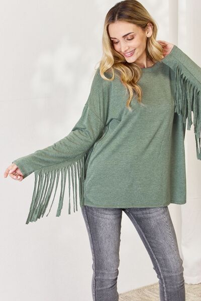 Olive Green Fringe Sleeve Top