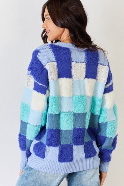 Blue Checkered Long Sleeve Sweater