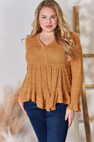 Hailey & Co V-Neck Flounce Sleeve Blouse Rust