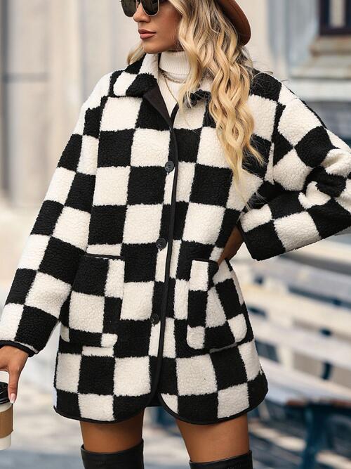 Double Take Checkered Button Front Coat with Pockets