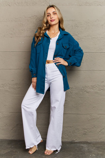 Zenana Cozy in the Cabin Fleece Elbow Patch Shacket in Teal