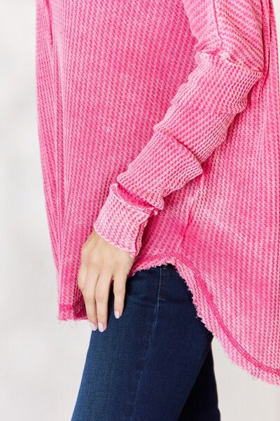 Zenana Oversized Washed Waffle Long Sleeve Top Fuchsia