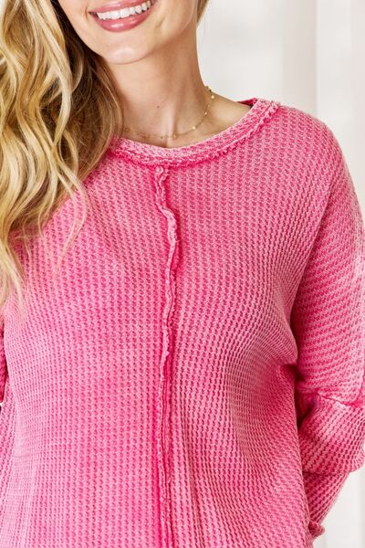 Zenana Oversized Washed Waffle Long Sleeve Top Fuchsia