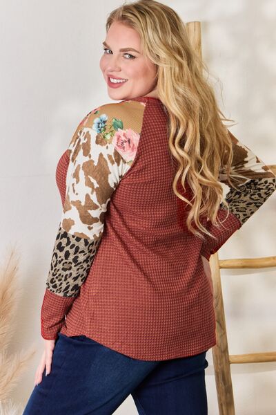 Hailey & Co Leopard Waffle-Knit Blouse Rust