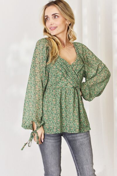 HEYSON Floral Surplice Peplum Blouse Green