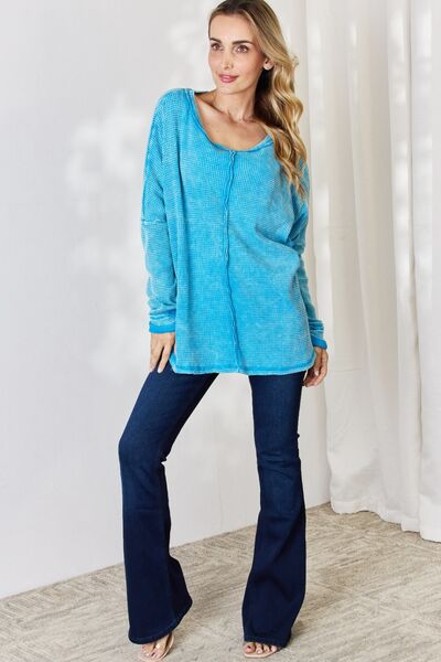 Zenana Oversized Waffle Long Sleeve Top Sky Blue