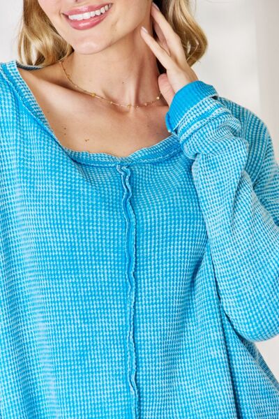 Zenana Oversized Waffle Long Sleeve Top Sky Blue