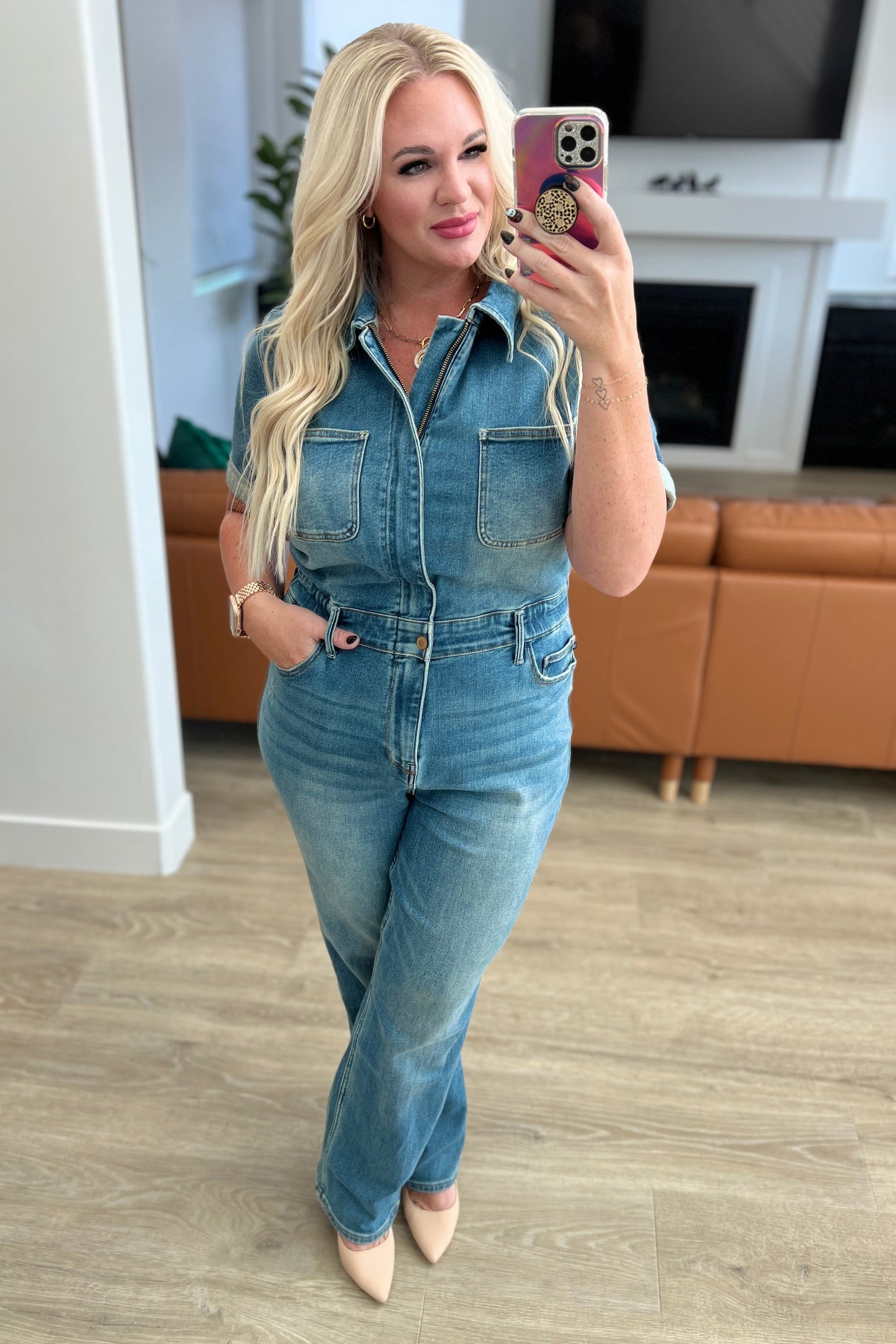 Sylvia Short Sleeve Denim Jumpsuit