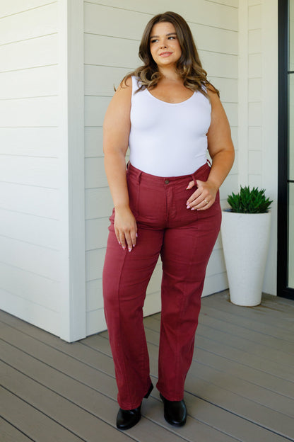 Phoebe High Rise Front Seam Straight Jeans in Burgundy