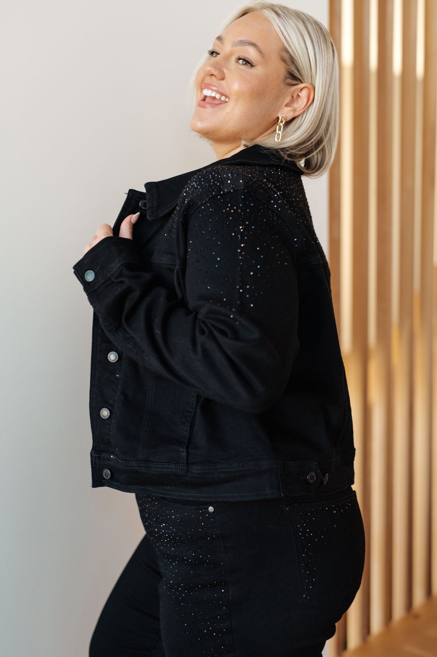 Reese Rhinestone Denim Jacket in Black