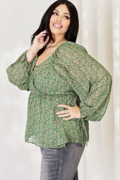 HEYSON Floral Surplice Peplum Blouse Green