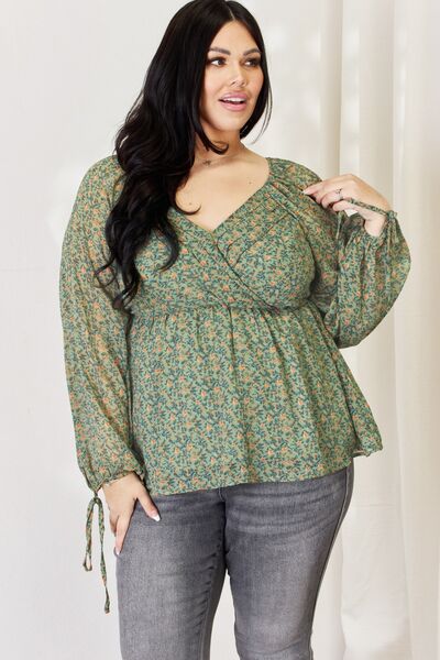 HEYSON Floral Surplice Peplum Blouse Green